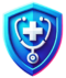 a blue shield with a stethoscope and a cross